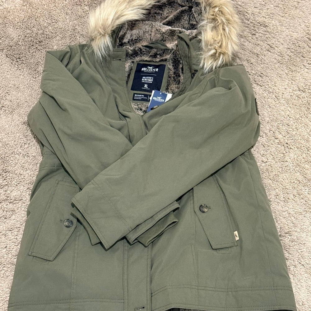 Hollister Khaki Utility Jacket with Faux Fur Hood